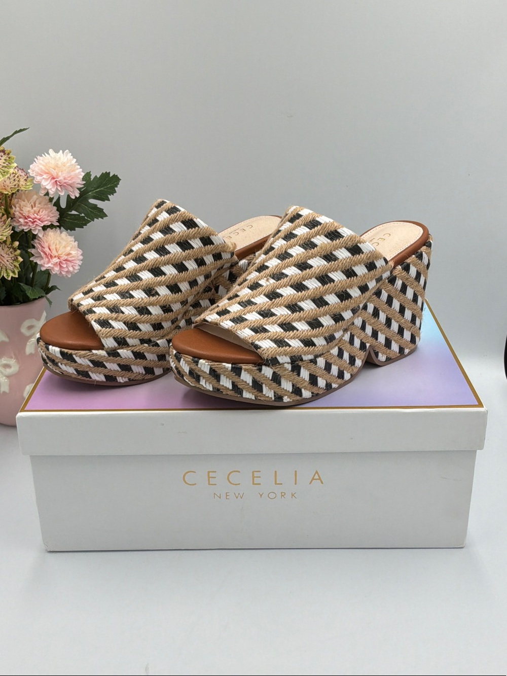 CECELIA NEW YORK Brown & White Woven Platform Mules